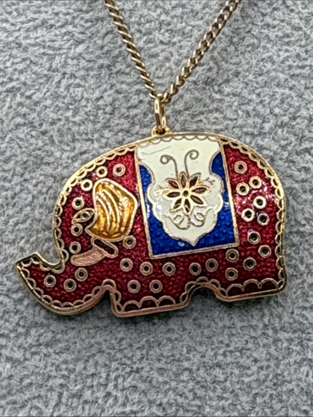 Vintage Gold Cloisonné Elephant Pendant Necklace with Red & Blue Enamel